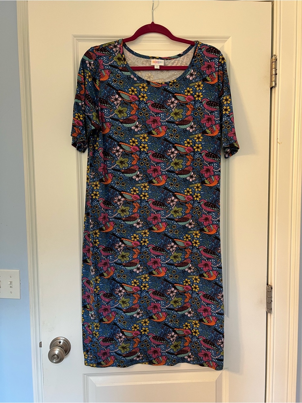 LuLaRoe Julia Blue Floral & Bird Print Midi Dress with Pink and Yellow Accents